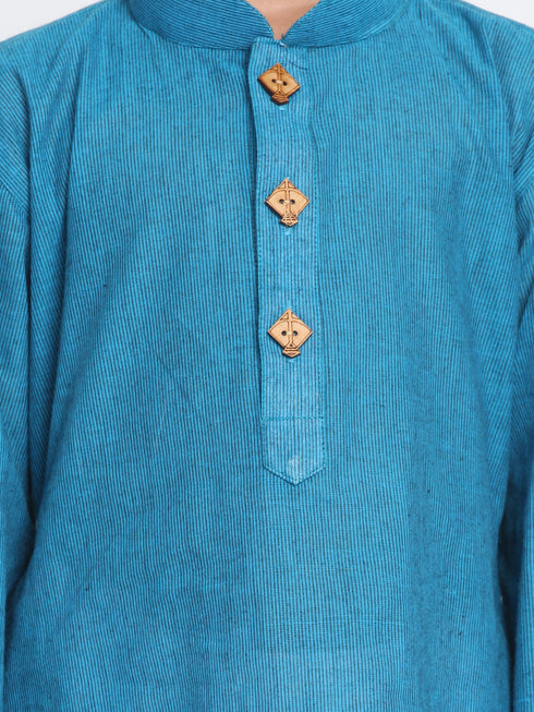 Vastramay Aqua Blue Handloom Cotton Striped Siblings Set